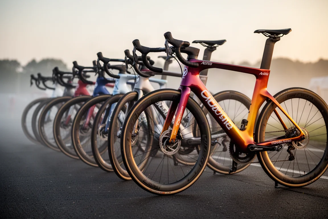 Row of aero road bikes with metallic and gradient team finishes lined up in a race paddock at first light