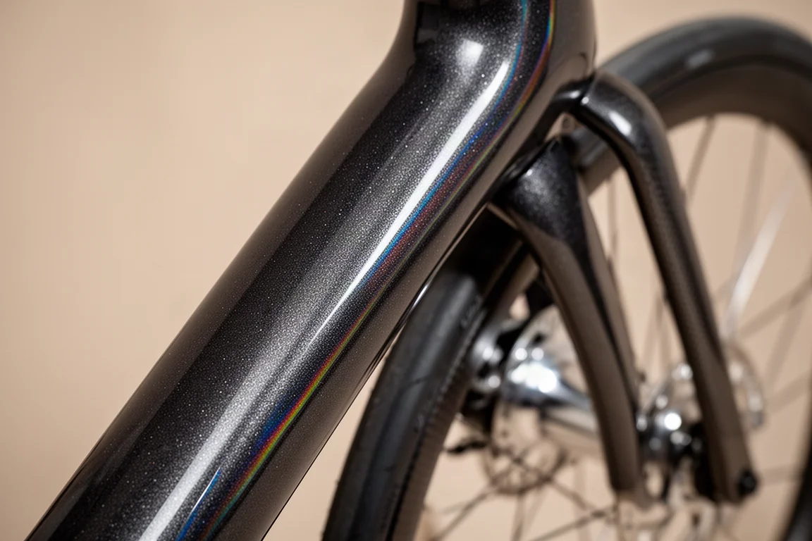 Close-up of a deep metallic bicycle frame finish with accent edging and a blurred carbon wheel behind