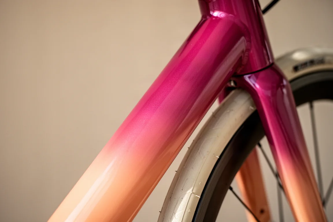 Close-up of a layered multi-tone bicycle frame paint gradient from magenta into peach