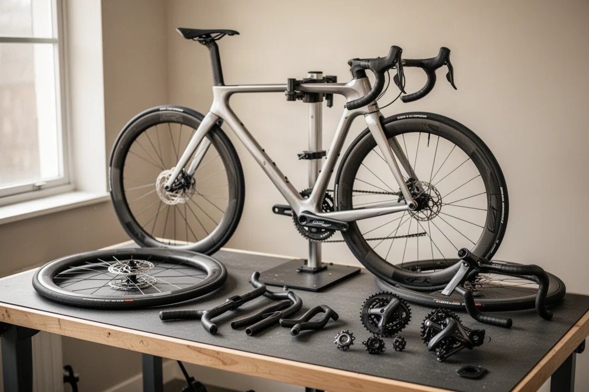 Workshop bench with a bare road frameset on a stand and wheels, bars and components laid out