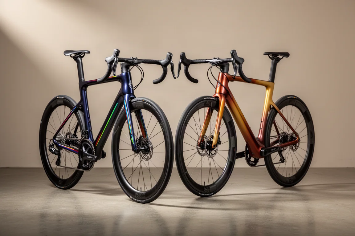 Two aero road bikes with metallic and gradient team paint side by side on concrete