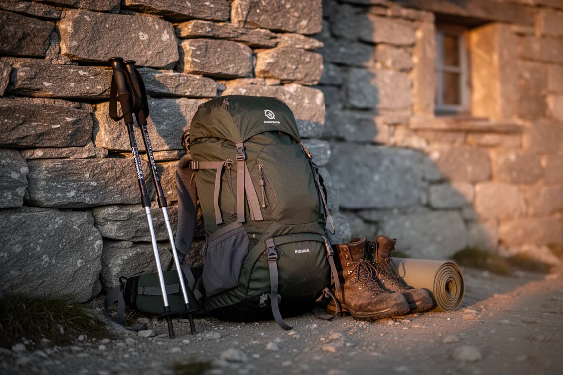 Obładowany plecak trekkingowy oparty o kamienną ścianę schroniska, obok kijki