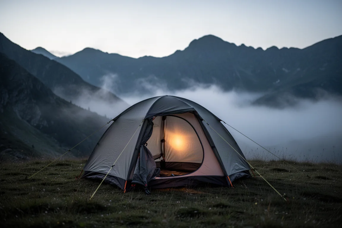 Mały namiot trekkingowy rozbity na alpejskiej trawie o zmierzchu, mgła w dolinie