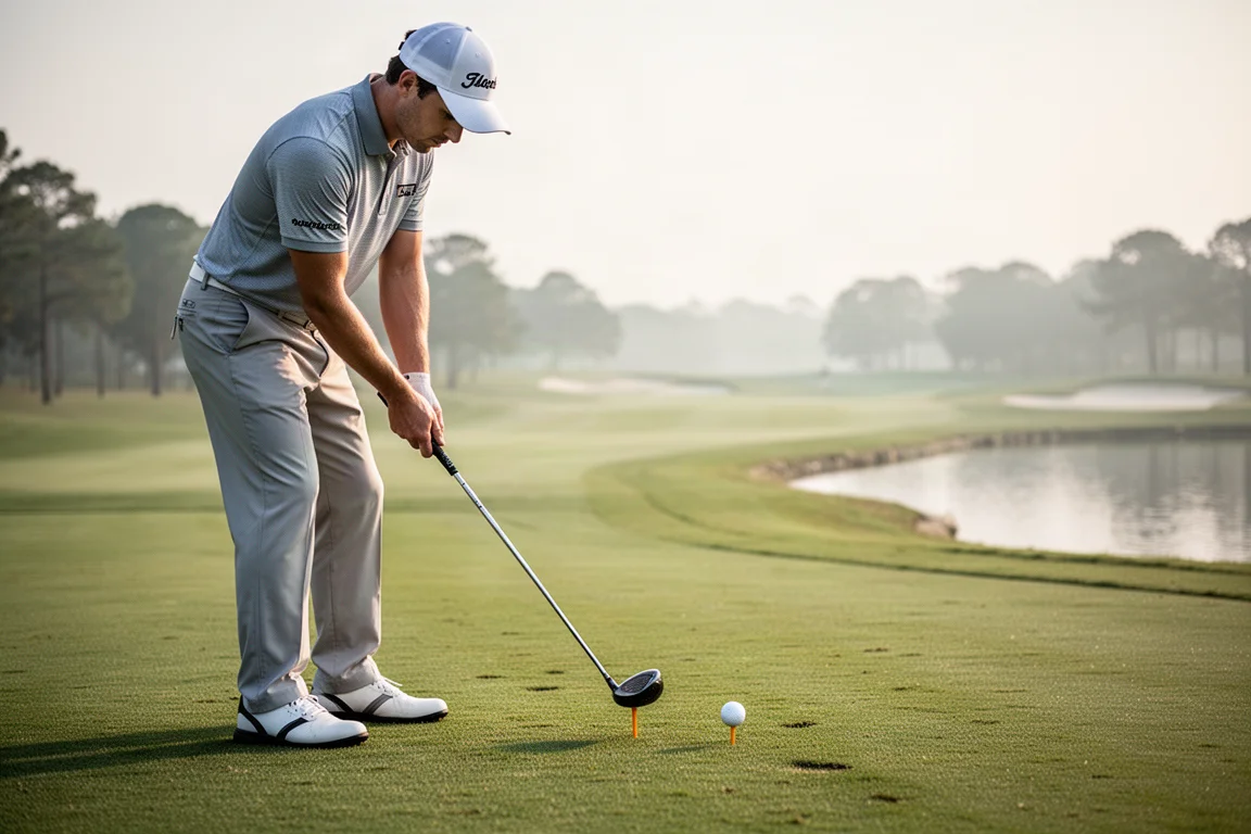 Golfista golpeando con un mini driver en un hoyo par 4 con agua a la derecha