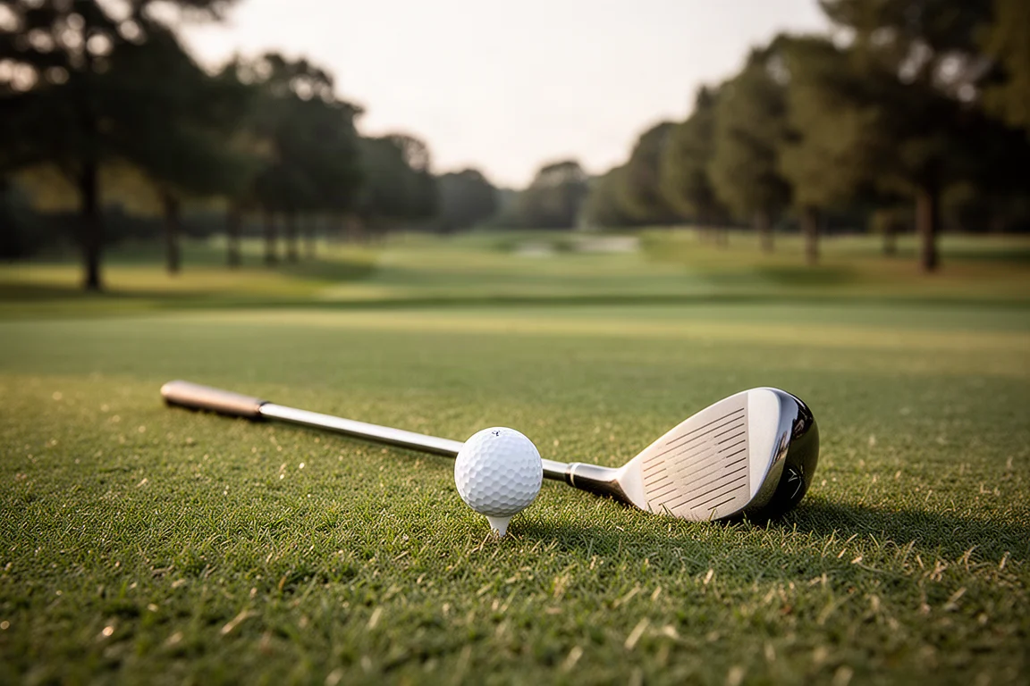 Pelota de golf descansando en el césped de la calle después de un tiro bien golpeado con mini driver