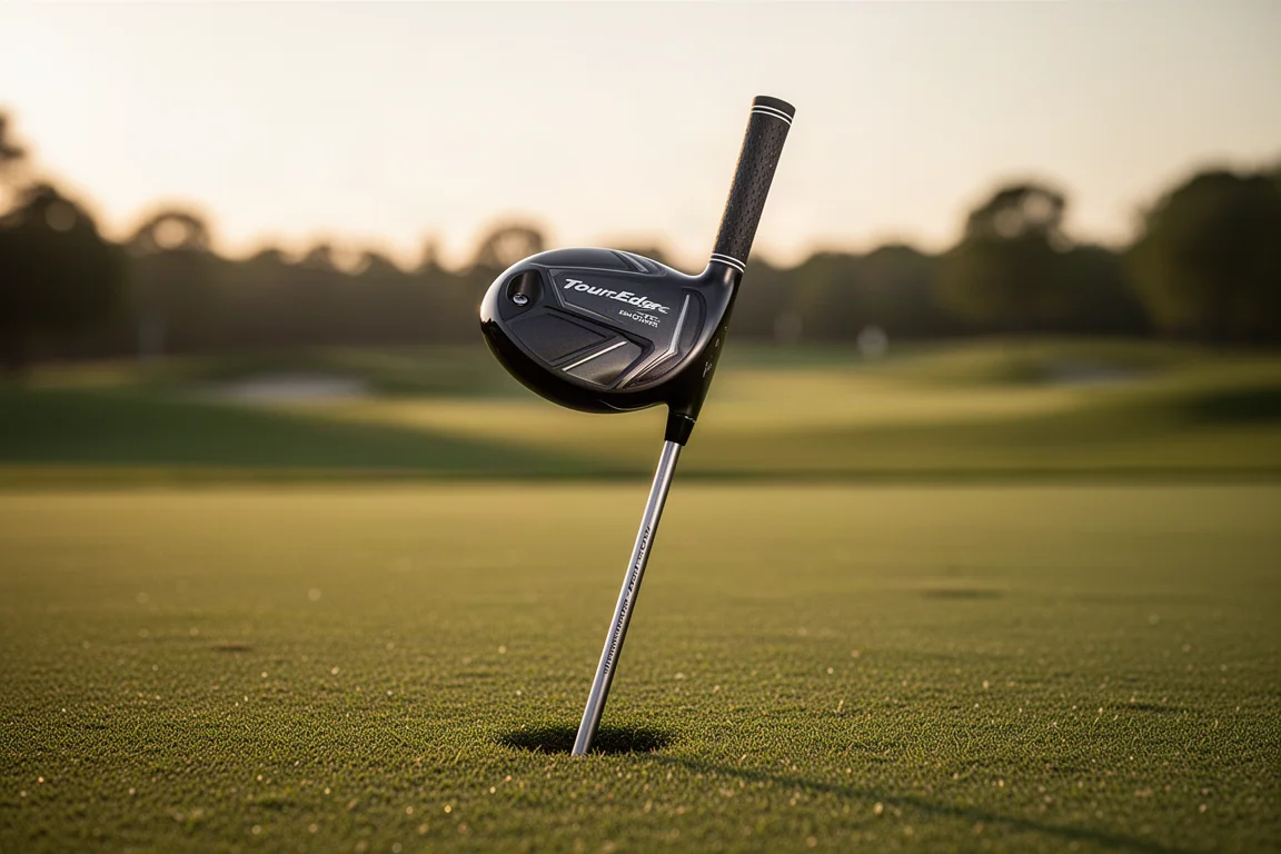 Tour Edge Exotics Mini Driver golf club standing on a fairway at golden hour