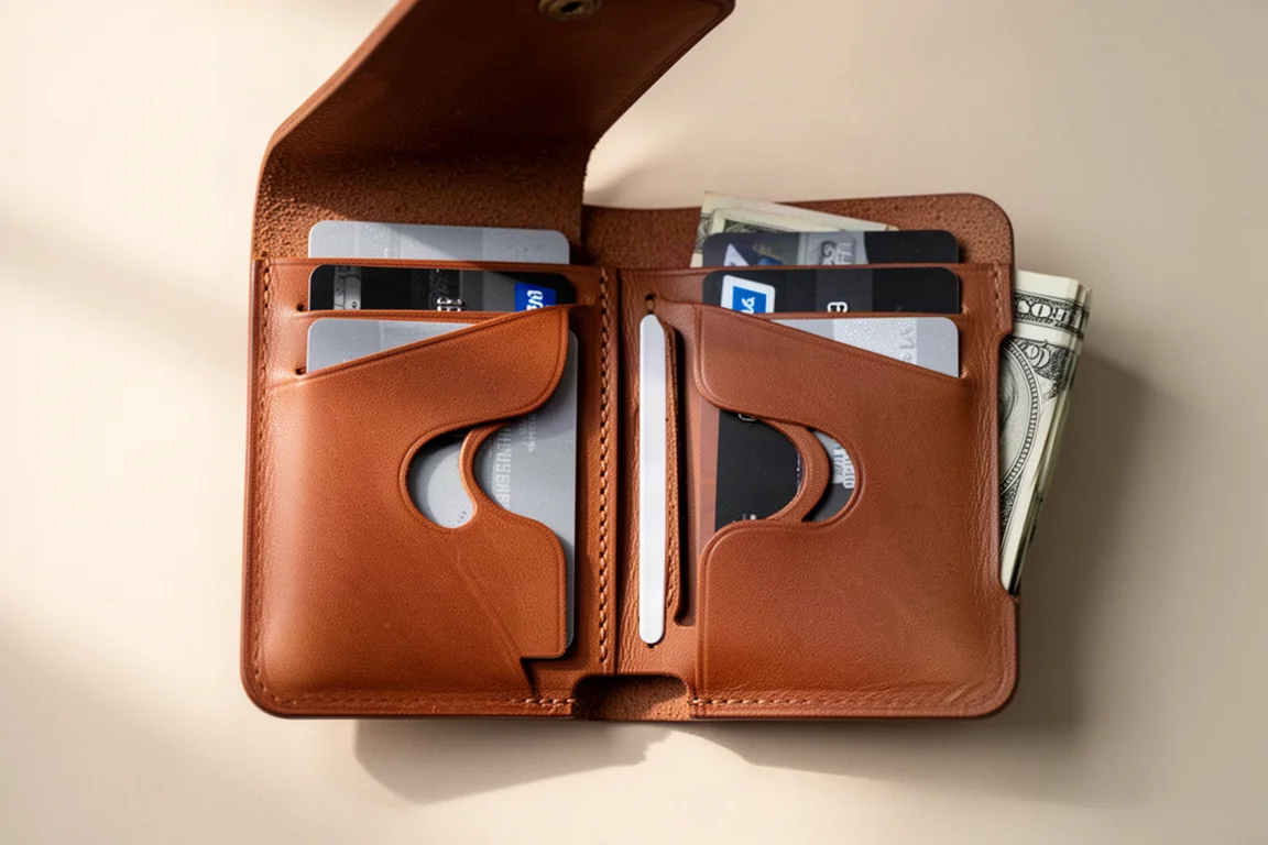 Portafoglio aperto con tasche portacarte sfalsate e aperture per il pollice