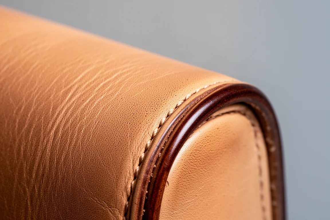 Närbild av varmt beige fullkornsläder med synlig textur på en neutral yta