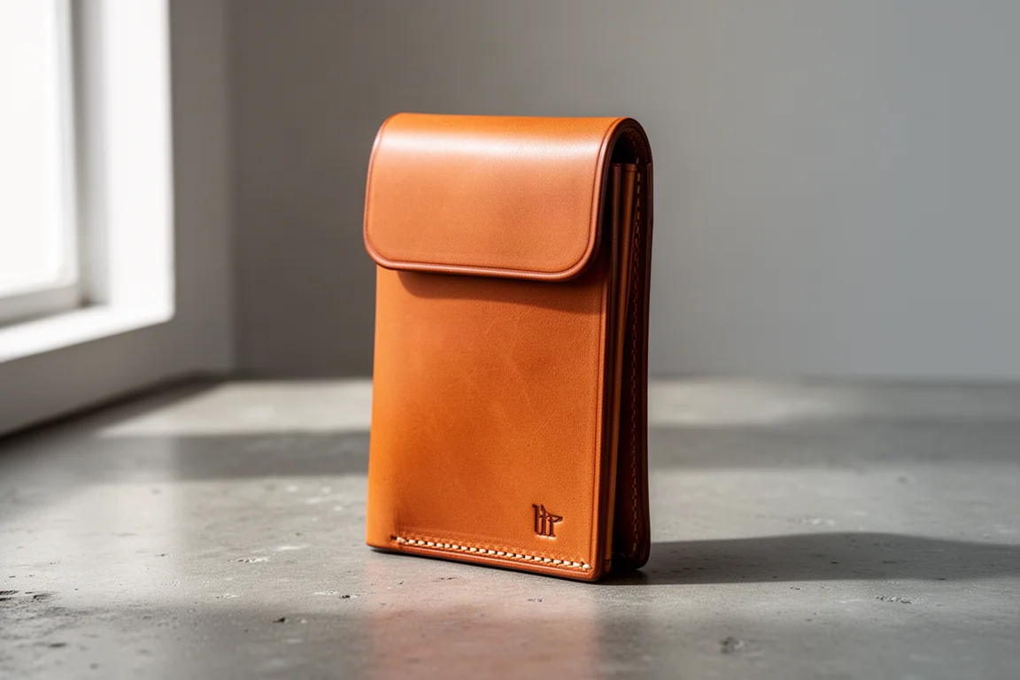 Tan leather wrap wallet with top flap on a concrete surface