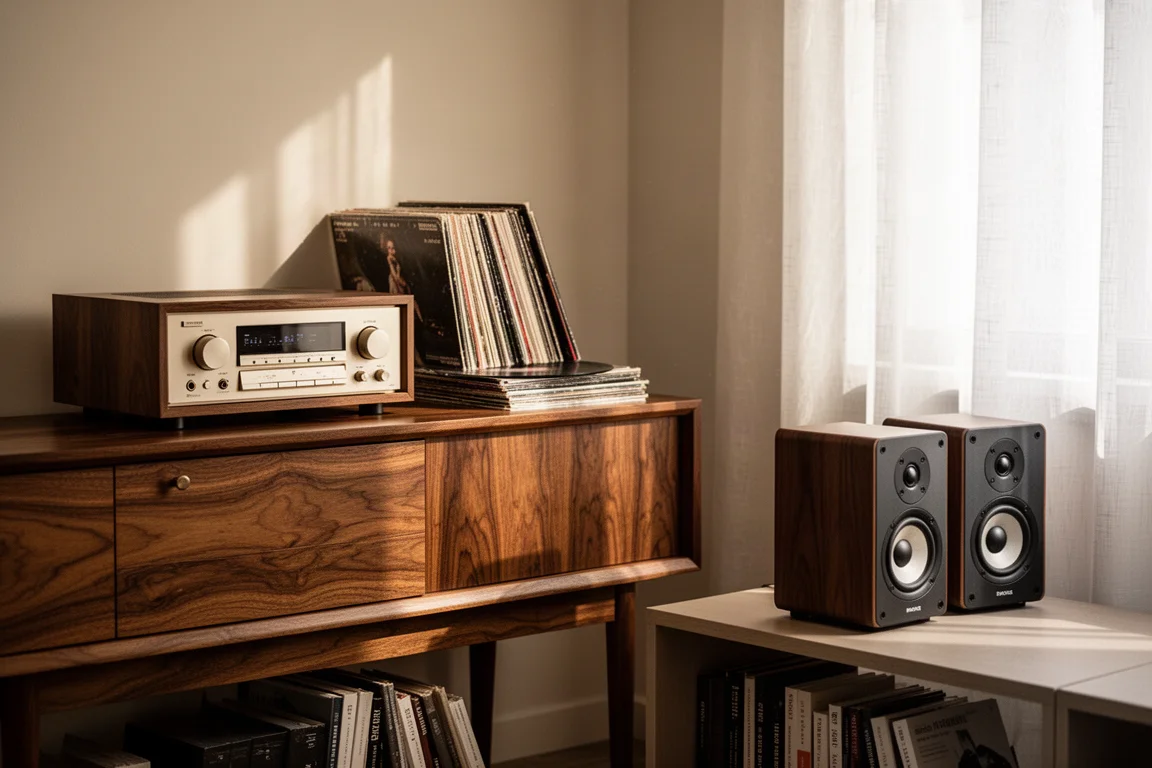 Warm living room corner with a vintage console stereo and small modern bookshelf speakers
