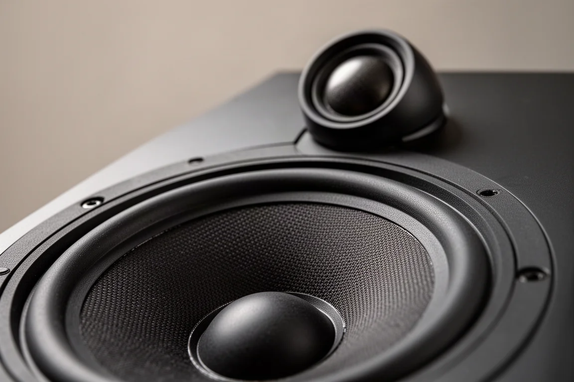 Close-up of a woven speaker cone and dome tweeter under soft directional light