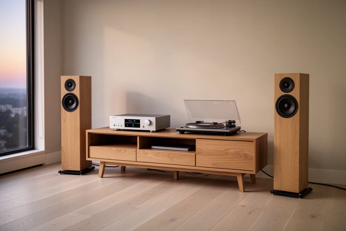 Modern apartment listening setup with amplifier, turntable and slim floorstanding speakers