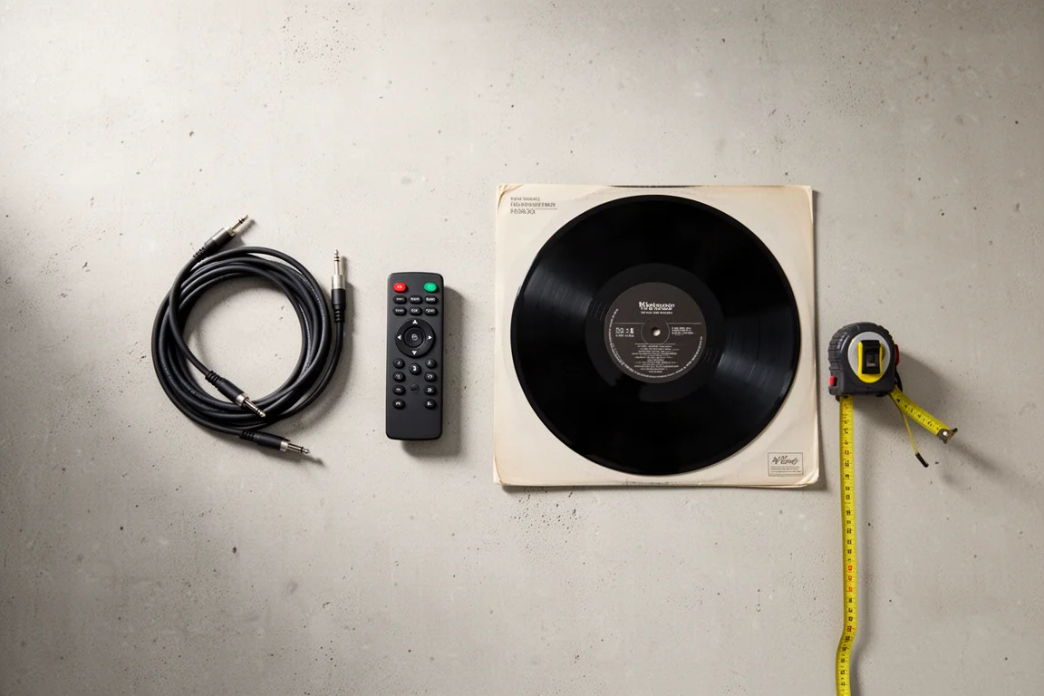 Overhead flat-lay of speaker cable, remote control and vinyl record on concrete