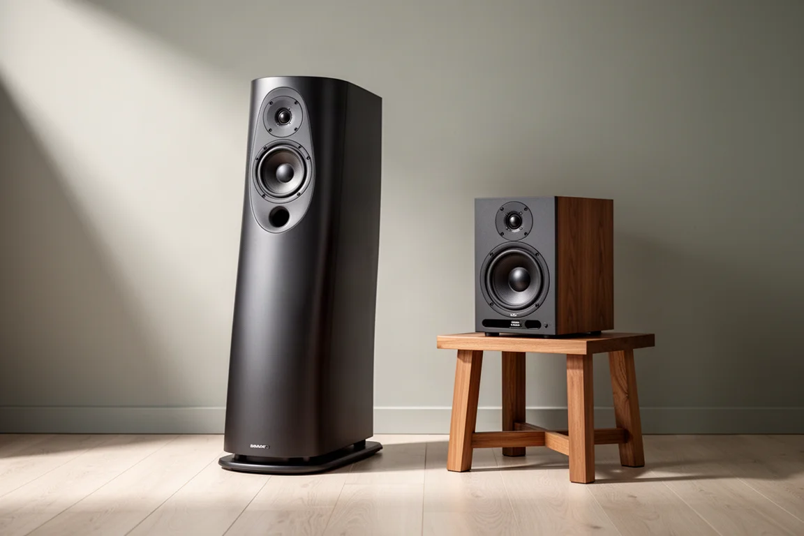 Slim floorstanding speaker and compact bookshelf speaker in a minimal listening room