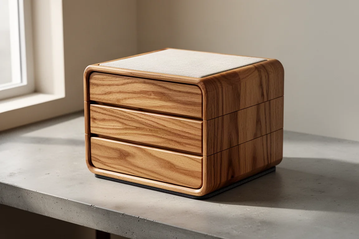 Three-tier alder wood stationery case on a minimalist concrete desk