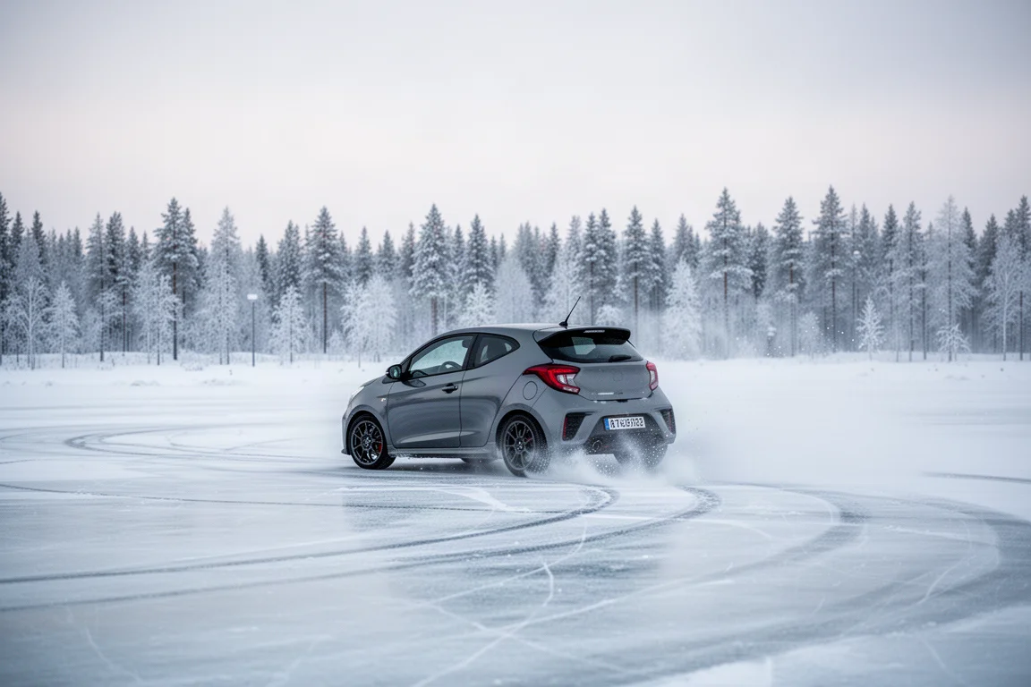 Hatchback compacto de performance derrapando em um circuito de gelo congelado