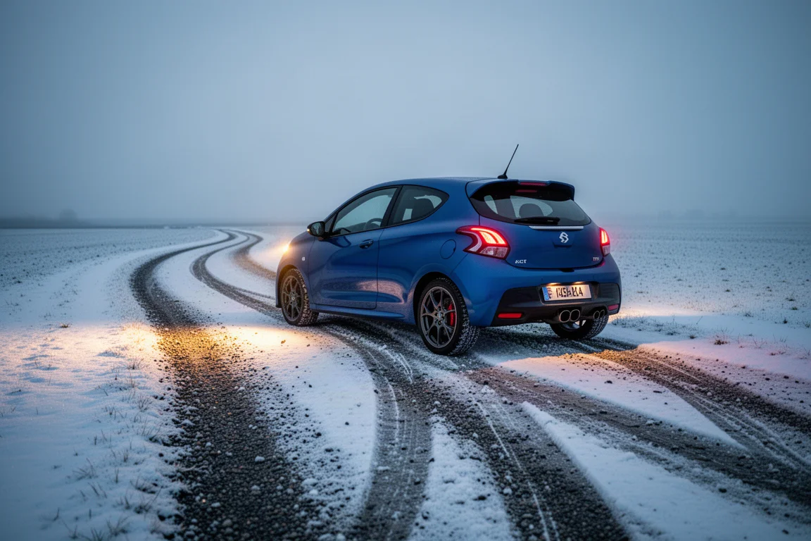 Vista traseira do carro em uma pista nevada ao entardecer com faróis acesos