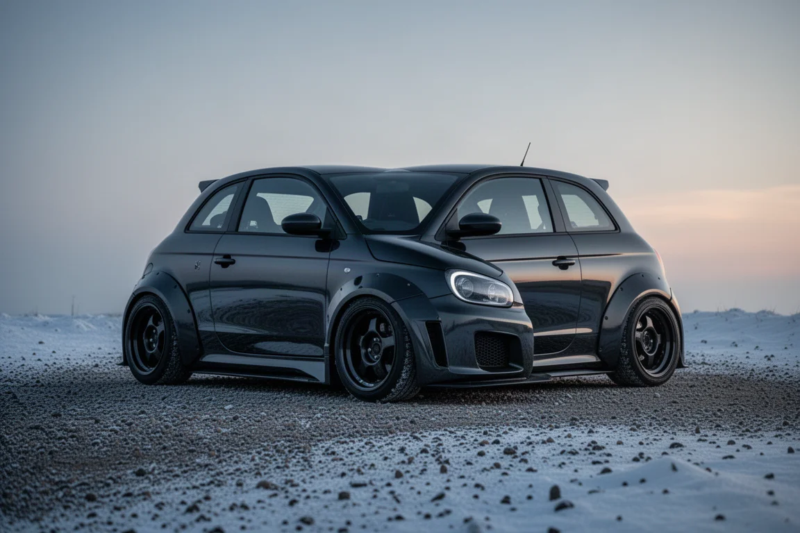 Dark performance hatchback on a snowy gravel surface at dusk