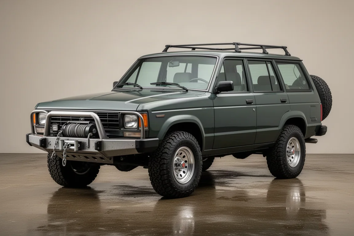 Boxy 1990s off-road station wagon with front winch and rear-mounted spare wheel