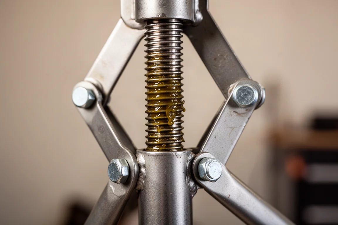 Close-up van het schroefmechanisme van de schaarkrik en de lange geschroefde as