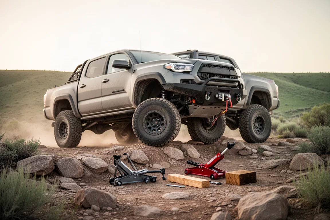 Offroad-voertuig met een opgeheven wiel op rotsachtig terrein tijdens een berging