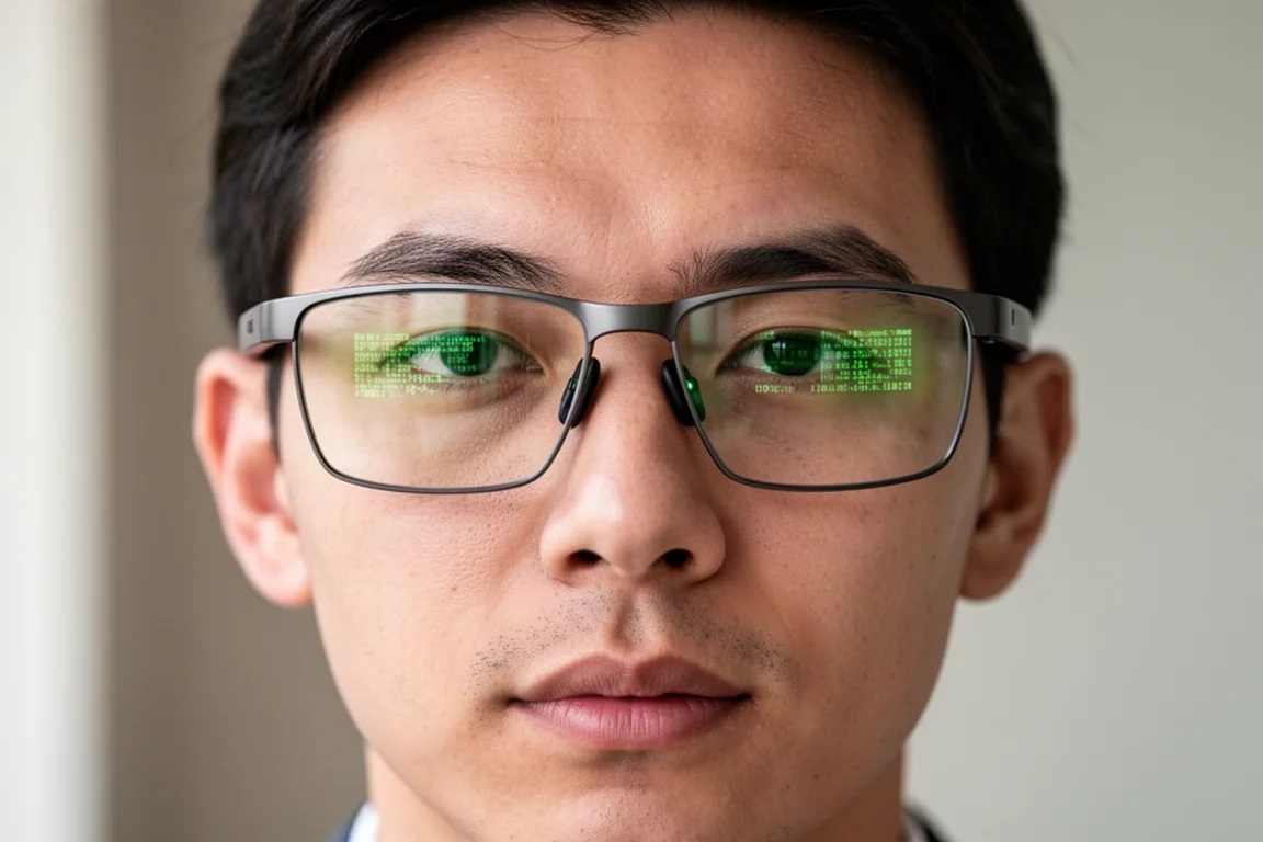 Persona usando gafas inteligentes con pantalla HUD verde visible en los lentes