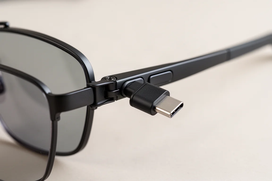 Primer plano del brazo de las gafas inteligentes con adaptador de carga magnético acoplado