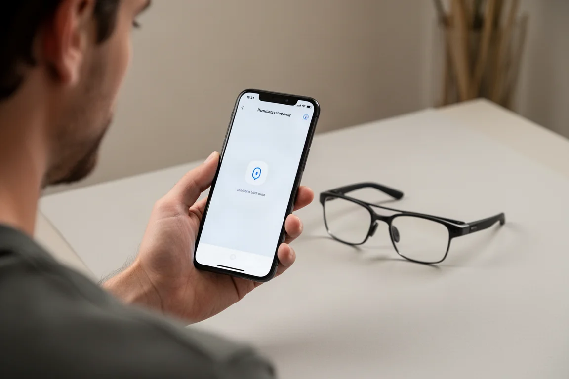 Persona usando una aplicación de teléfono inteligente para vincular las gafas inteligentes mediante Bluetooth