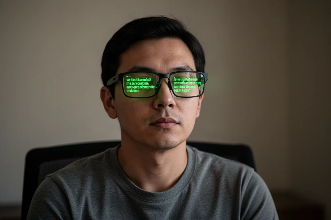 Persona usando gafas inteligentes con pantalla de teleprompter visible en los lentes