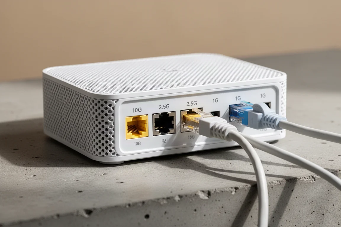 背面のポートにイーサネットケーブルが接続されたメッシュルーター