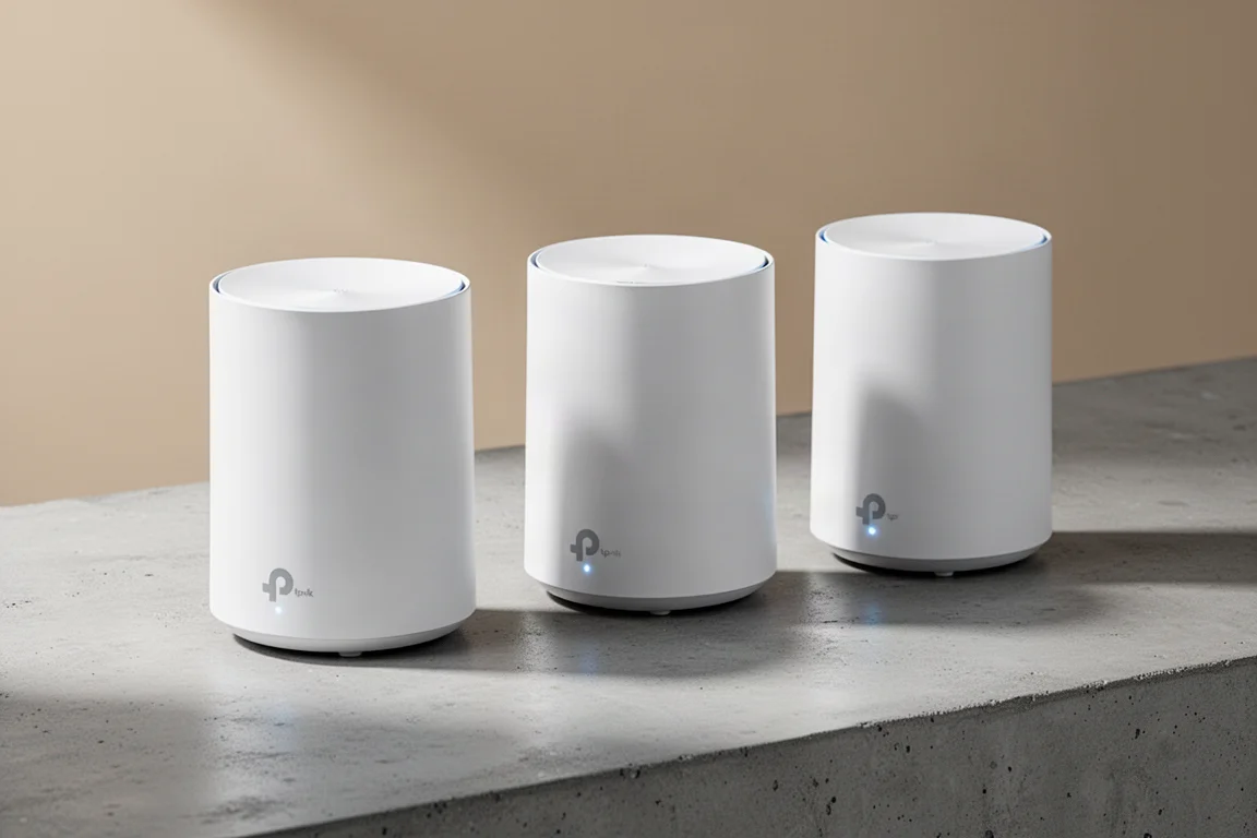 Three TP-Link Deco BE67 mesh router units in matte white on a concrete surface