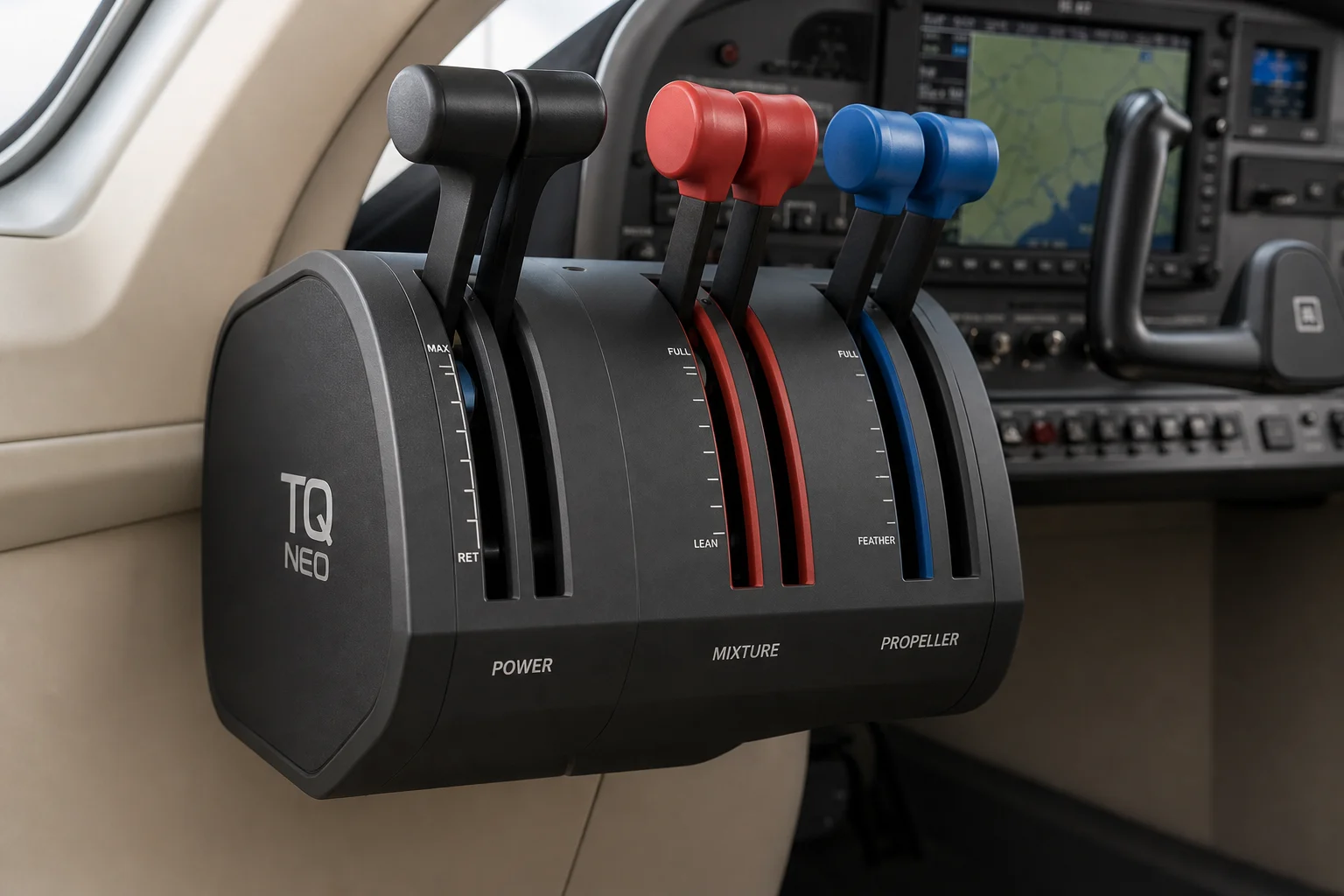 Cabina de simulador de vuelo doméstico profesional con mando, aviónica, controles de aceleración y tres monitores