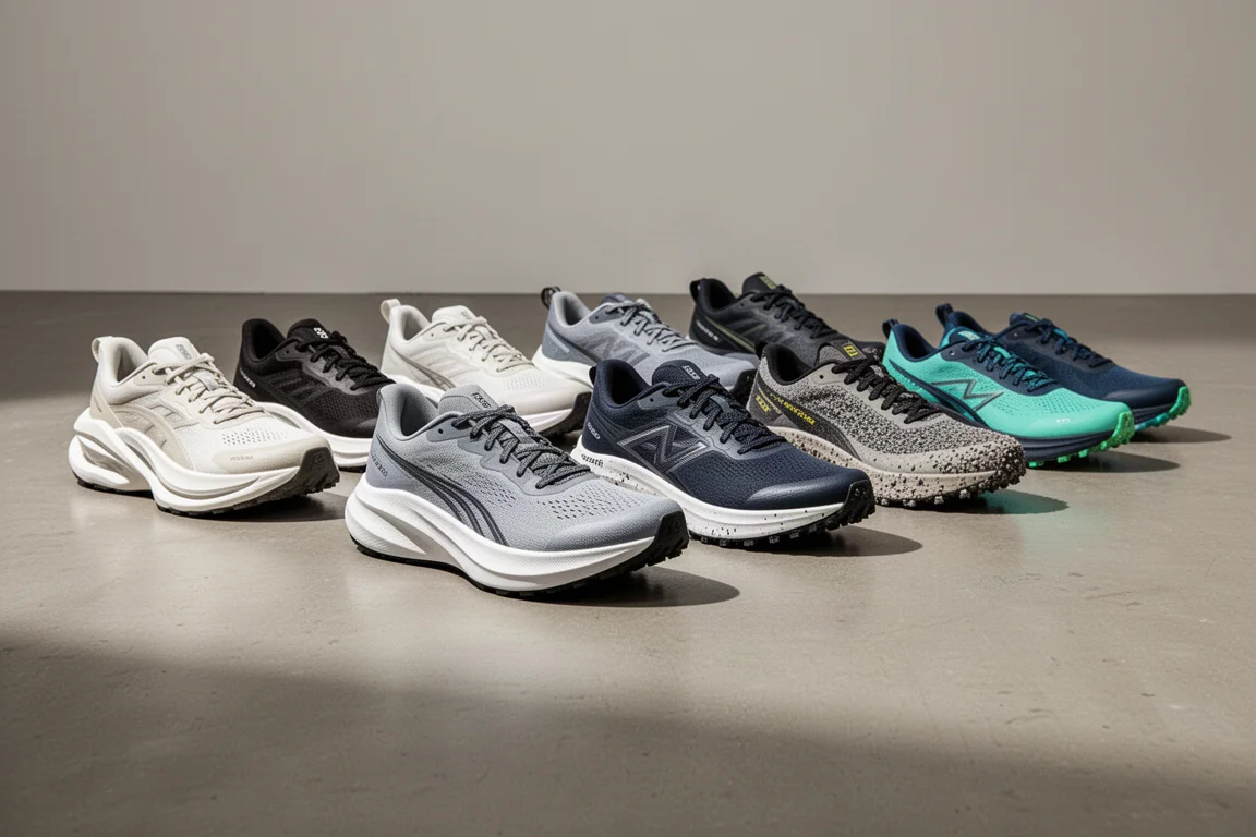 Row of new running shoes in varied silhouettes on a concrete floor