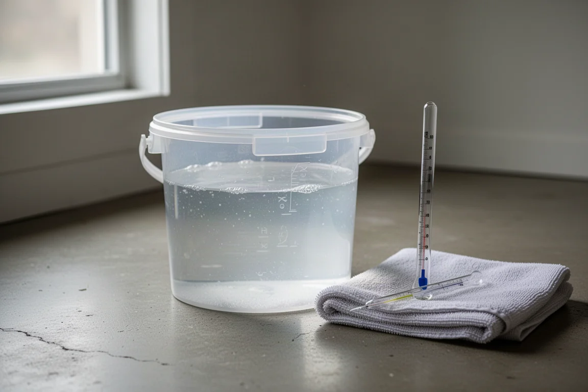 リーフキーパーが、調合したばかりの海水が入ったバケツの上でロングステム温度計を手に持っている
