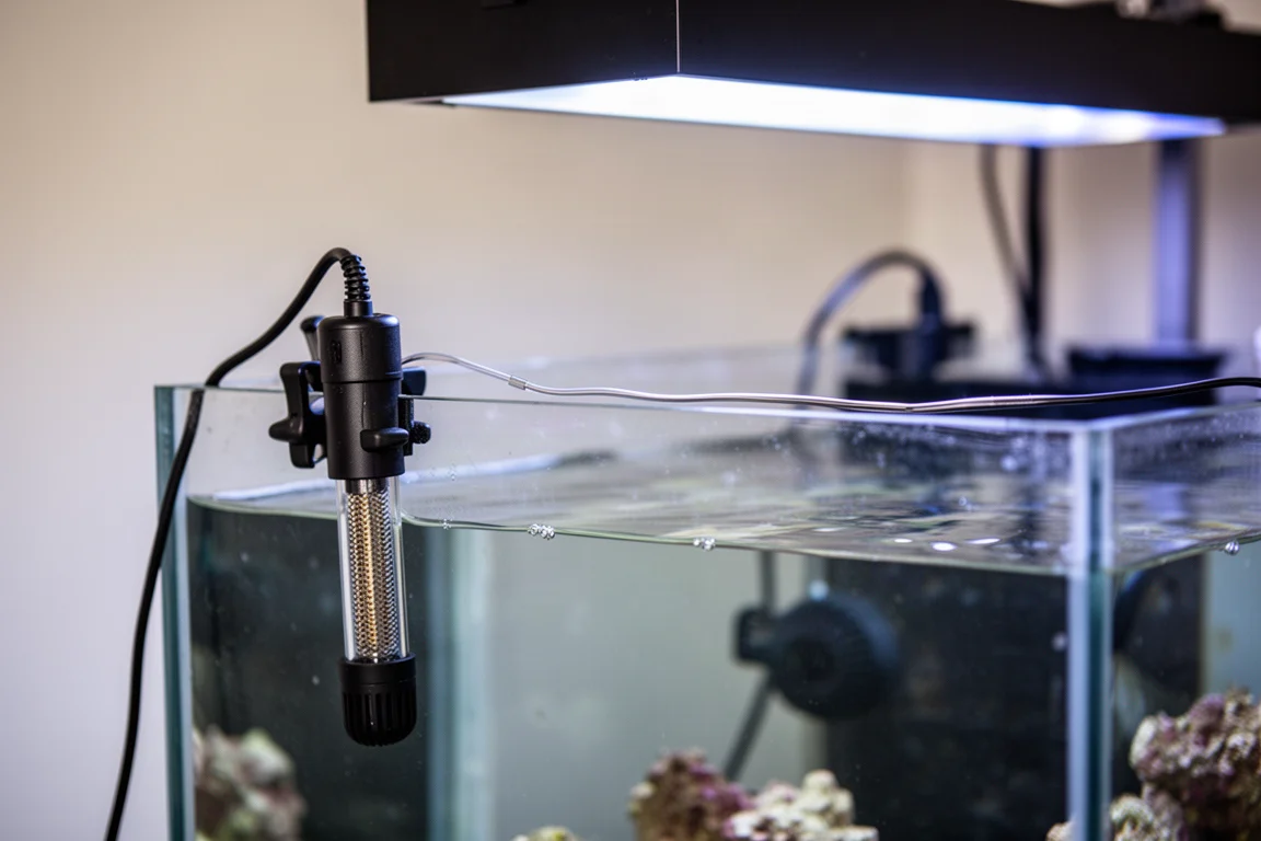 水没型ヒーターとコントローラープローブがあるリーフタンクのサンプ領域