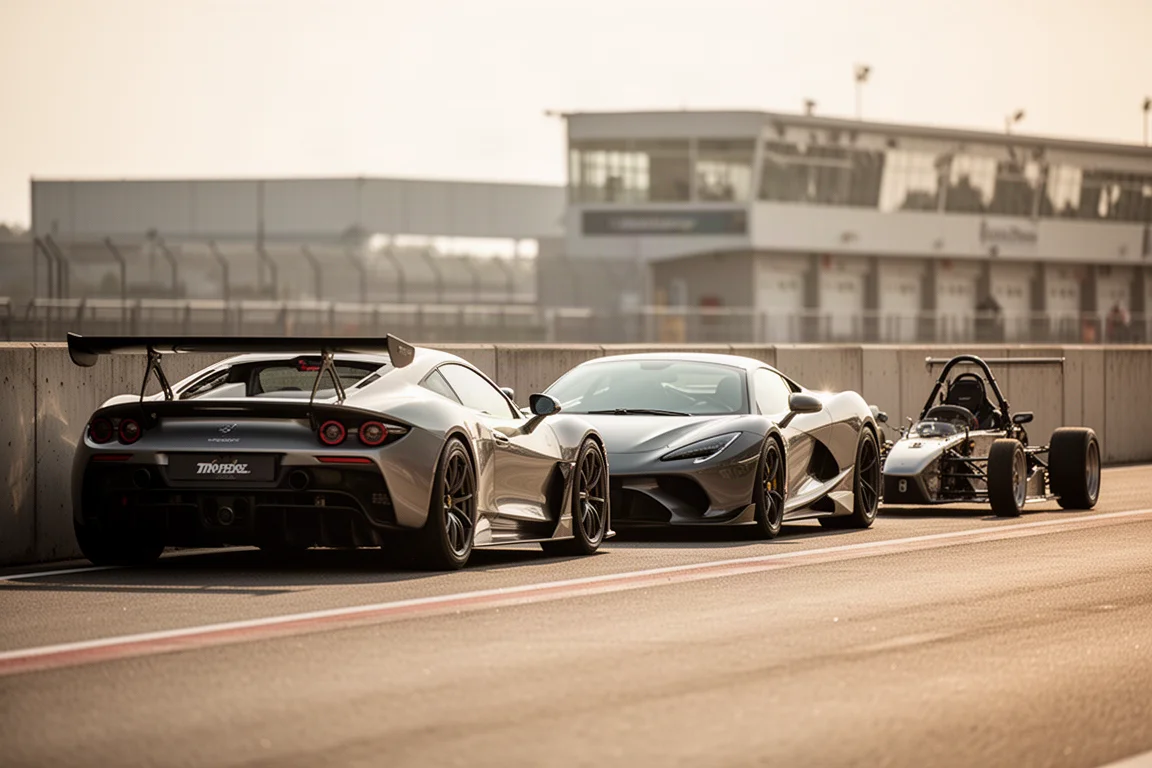 Three performance cars lined up on a race circuit in soft daylight