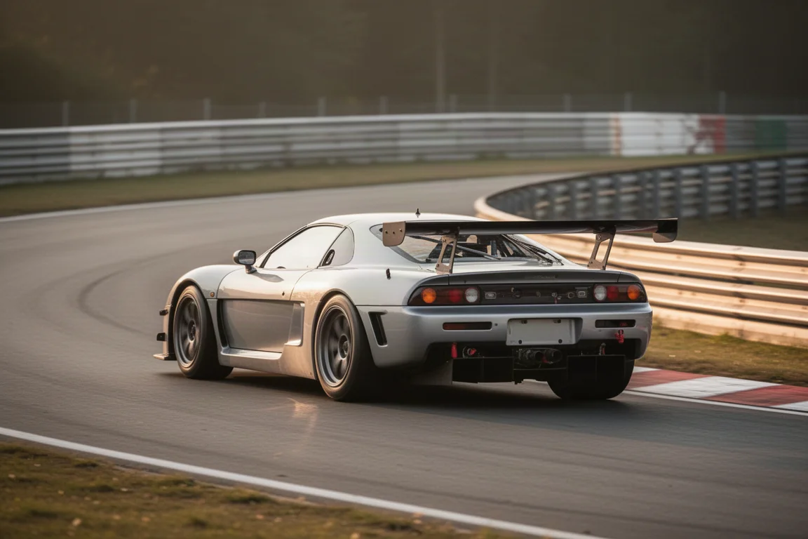 Sports car cornering hard on a twisty section of race track