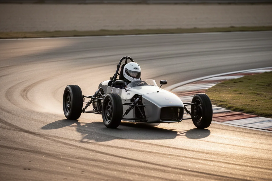 Open-cockpit track car carving through a tight corner