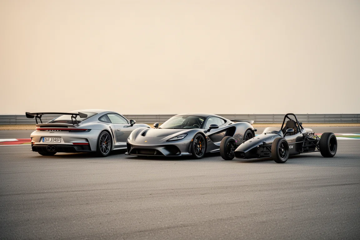 Three performance cars lined up on a race circuit
