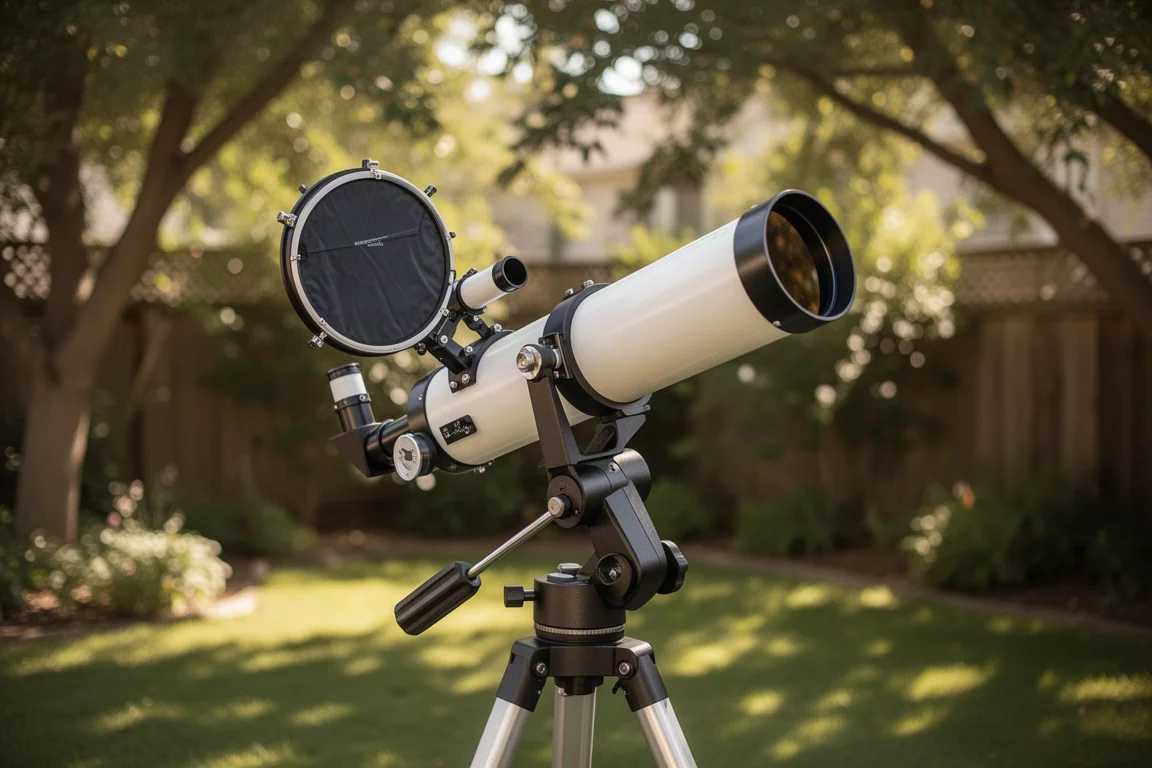 Sonnenfernrohr auf einer Montierung im Hinterhof bei Tageslicht aufgebaut