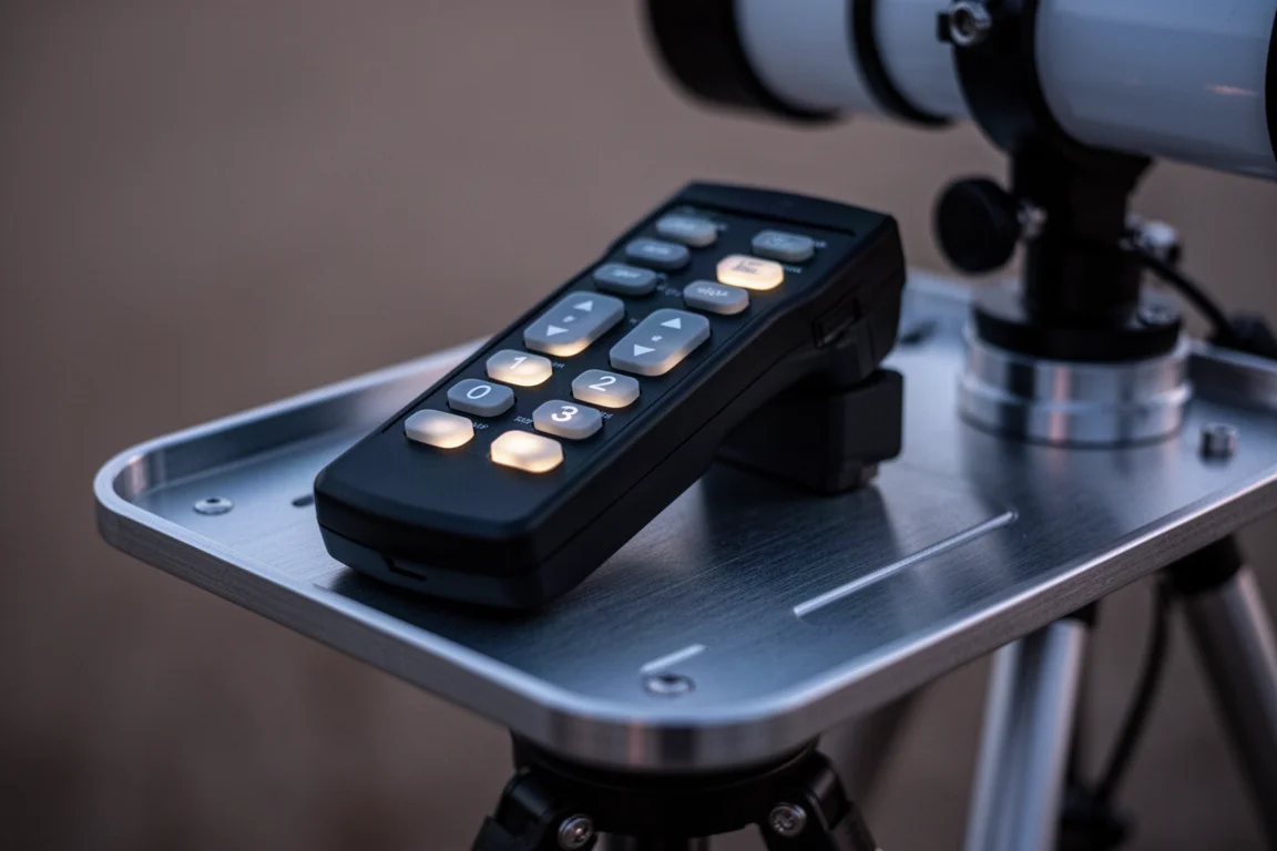 Beleuchtete Handcontroller neben einem Teleskop-Stativ in der Nacht