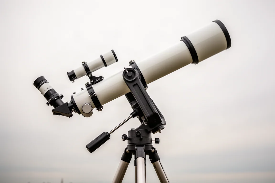 Langes Refraktor-Teleskop, fest auf einem schweren Stativ montiert, zum Himmel gerichtet