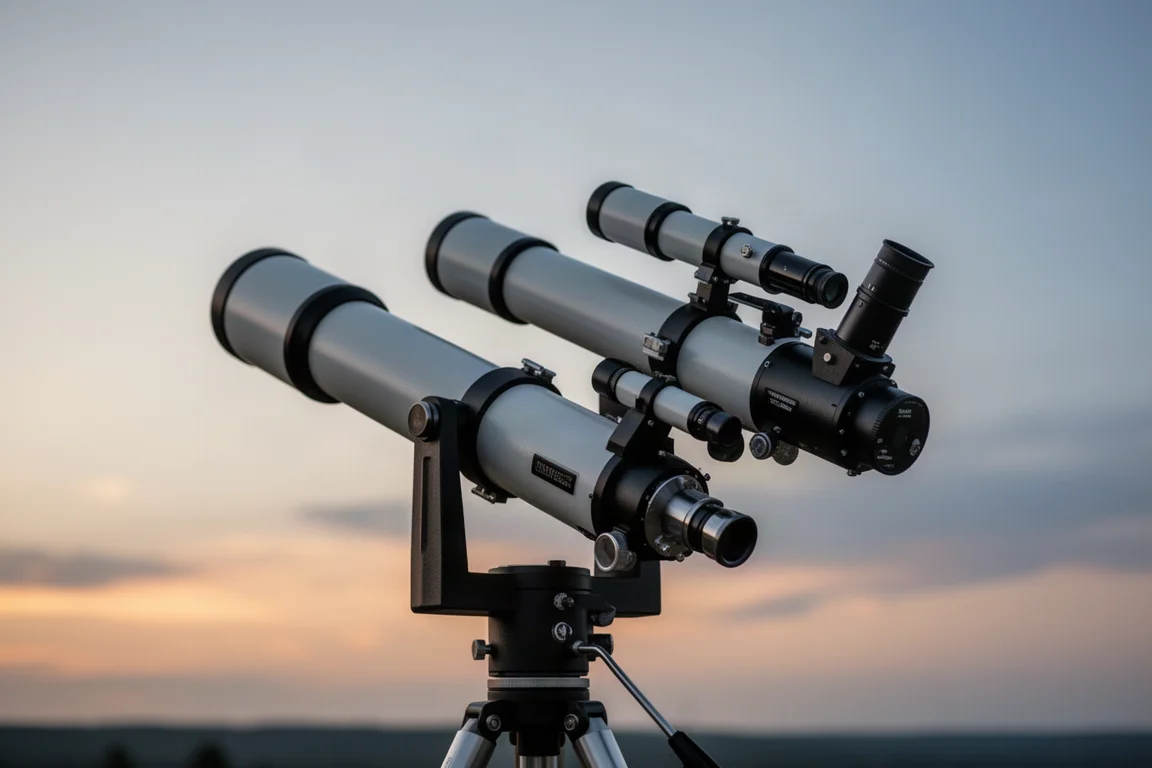 Zwei Teleskope nebeneinander montiert, zum Abendhimmel gerichtet
