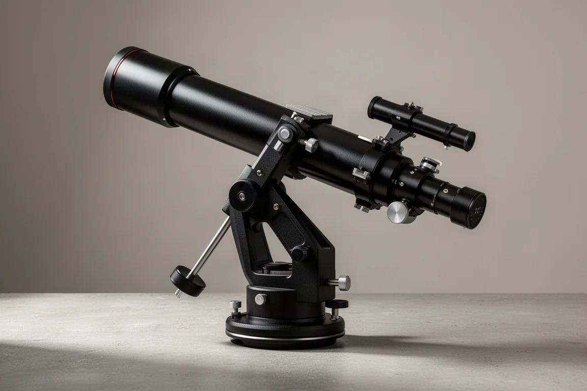 Premium alt-az telescope mount with a long refractor on a neutral studio backdrop