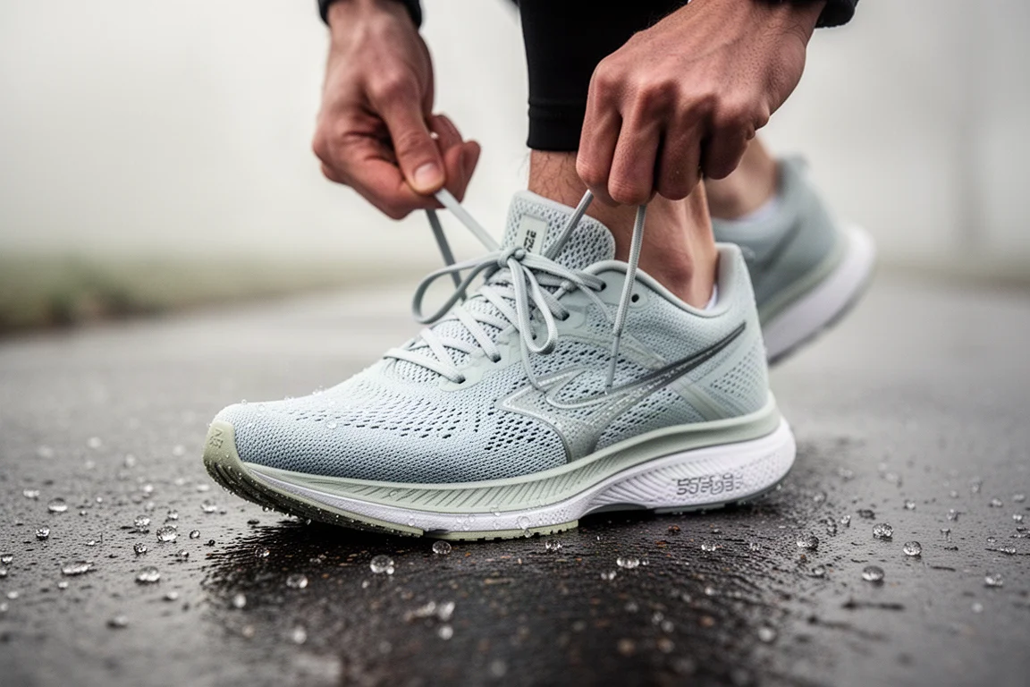 Läufer schnürt vor dem Morgenlauf einen flachen Rennschuh
