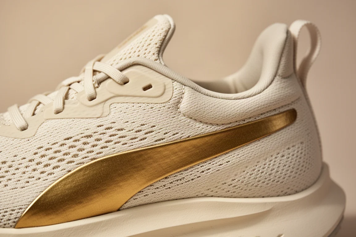 Close-up of a gold stripe running along the side of a cream-colored running shoe