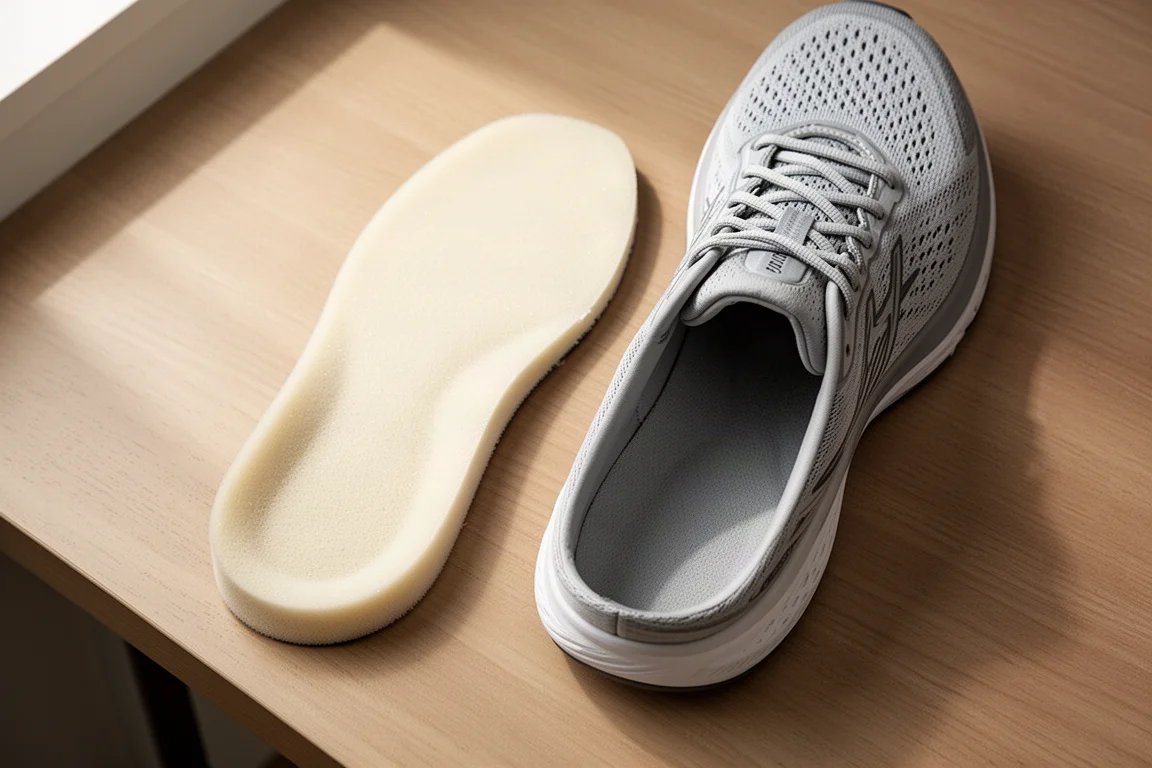 Removable drop-in insole lifted out of a running shoe upper