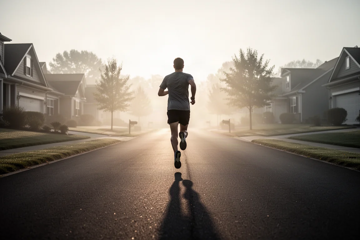 Runner on an open suburban road in early morning light