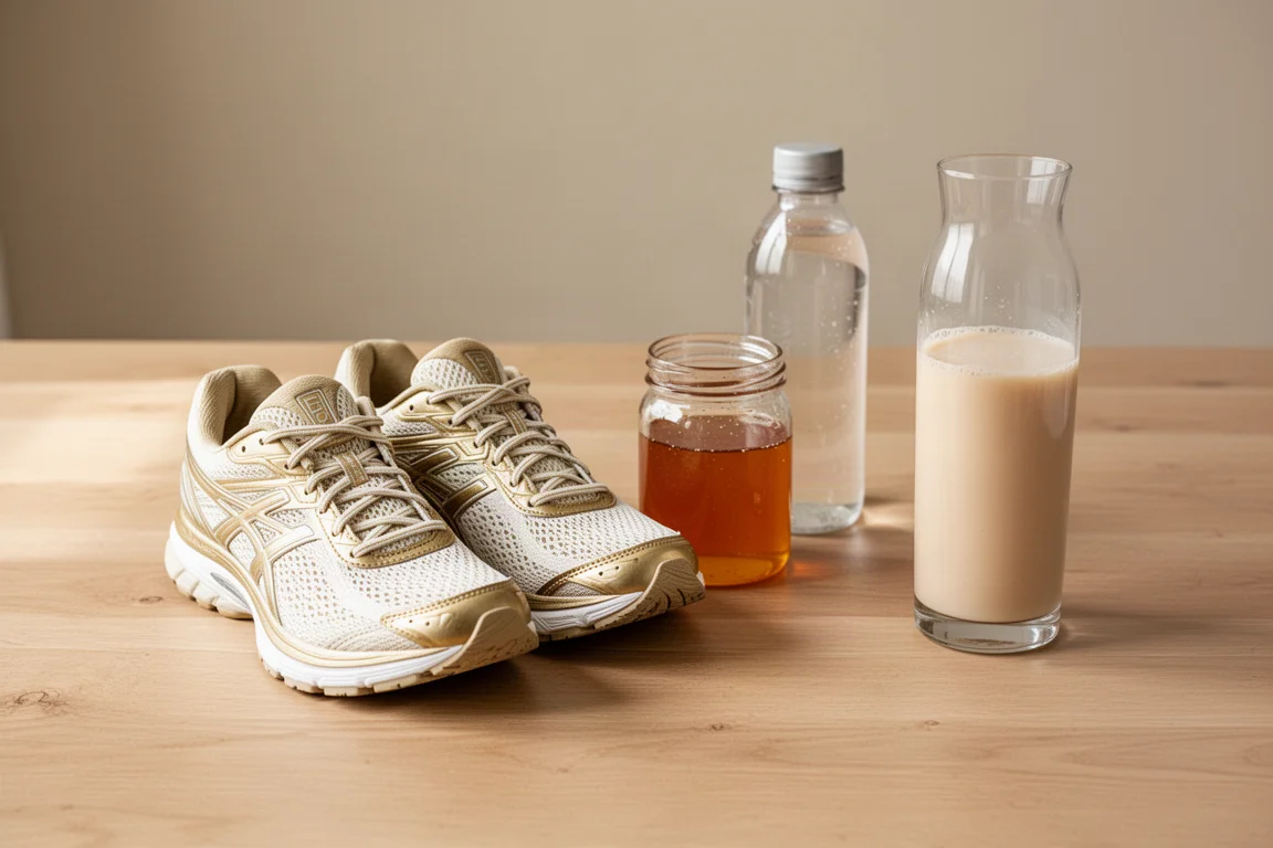 Running shoes and recovery food laid out on a kitchen table after a long run