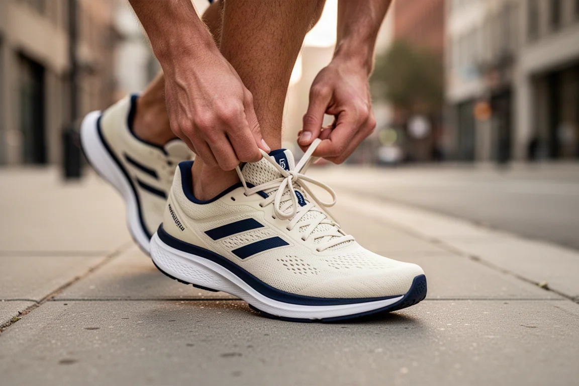 Runner tying the laces of an ivory running shoe on a quiet city street